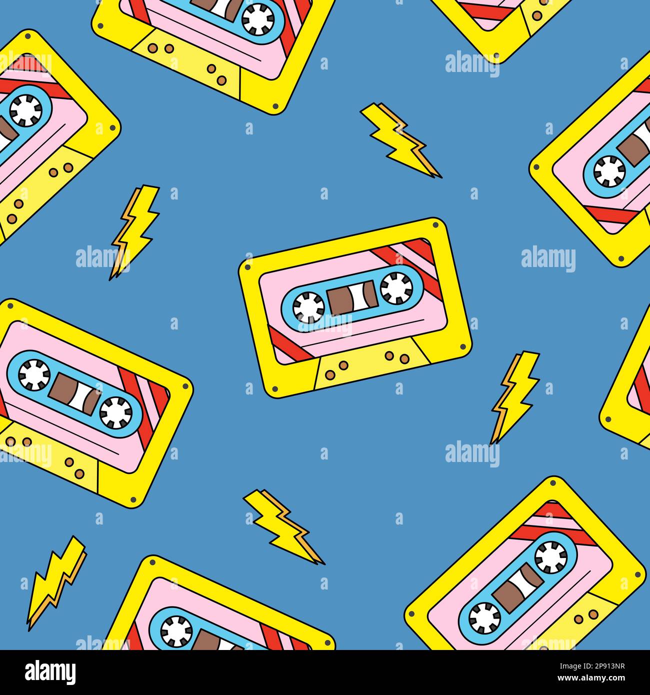 Seamless pattern with old fashioned cassette, retro musical elements pattern, doodle style flat vector illustration Stock Vector