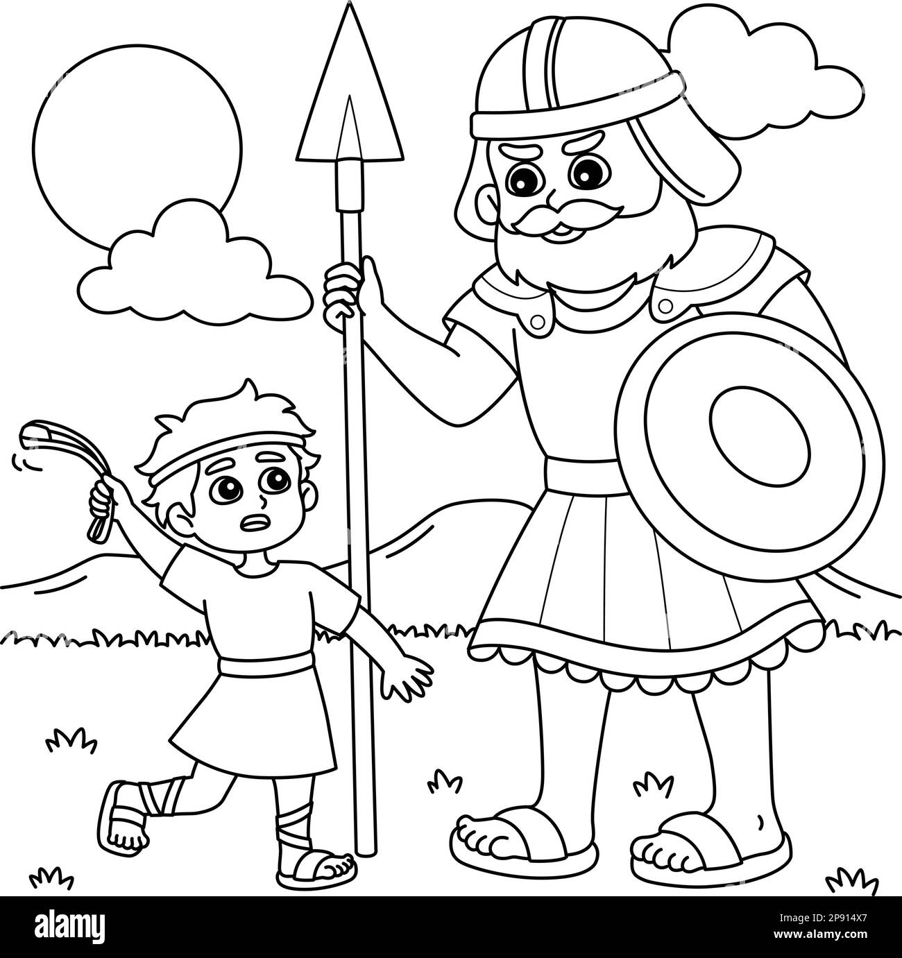 David and Goliath Coloring Page for Kids Stock Vector