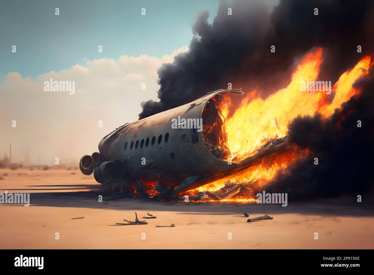 Burning airplane on fire accident in international airport. Neural