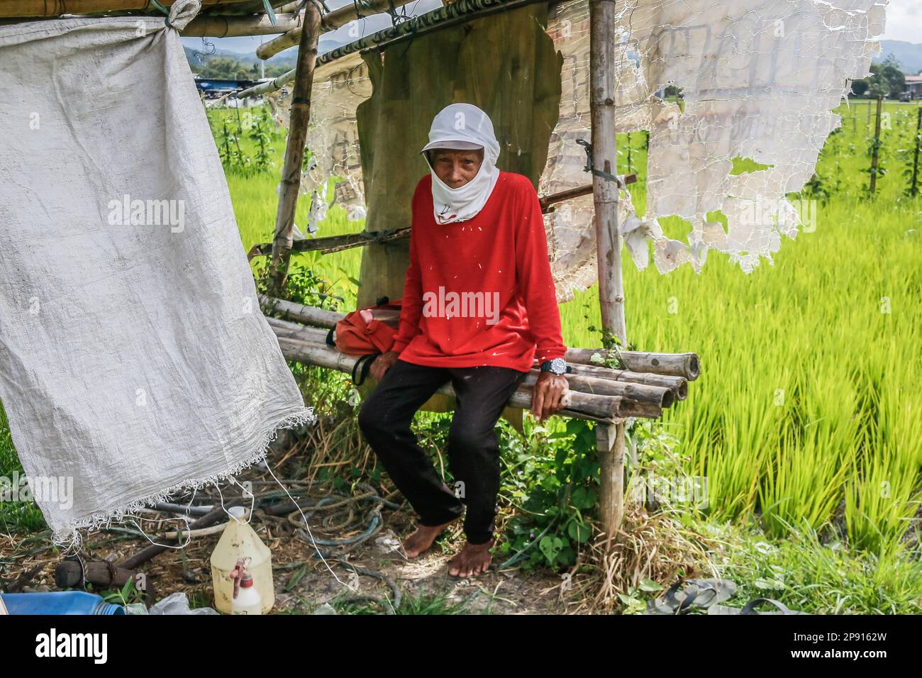 A Farmer Takes A Break Under A Makeshift House On A Small Agricultural a-farmer-takes-a-break-under-a-makeshift-house-on-a-small-agricultural