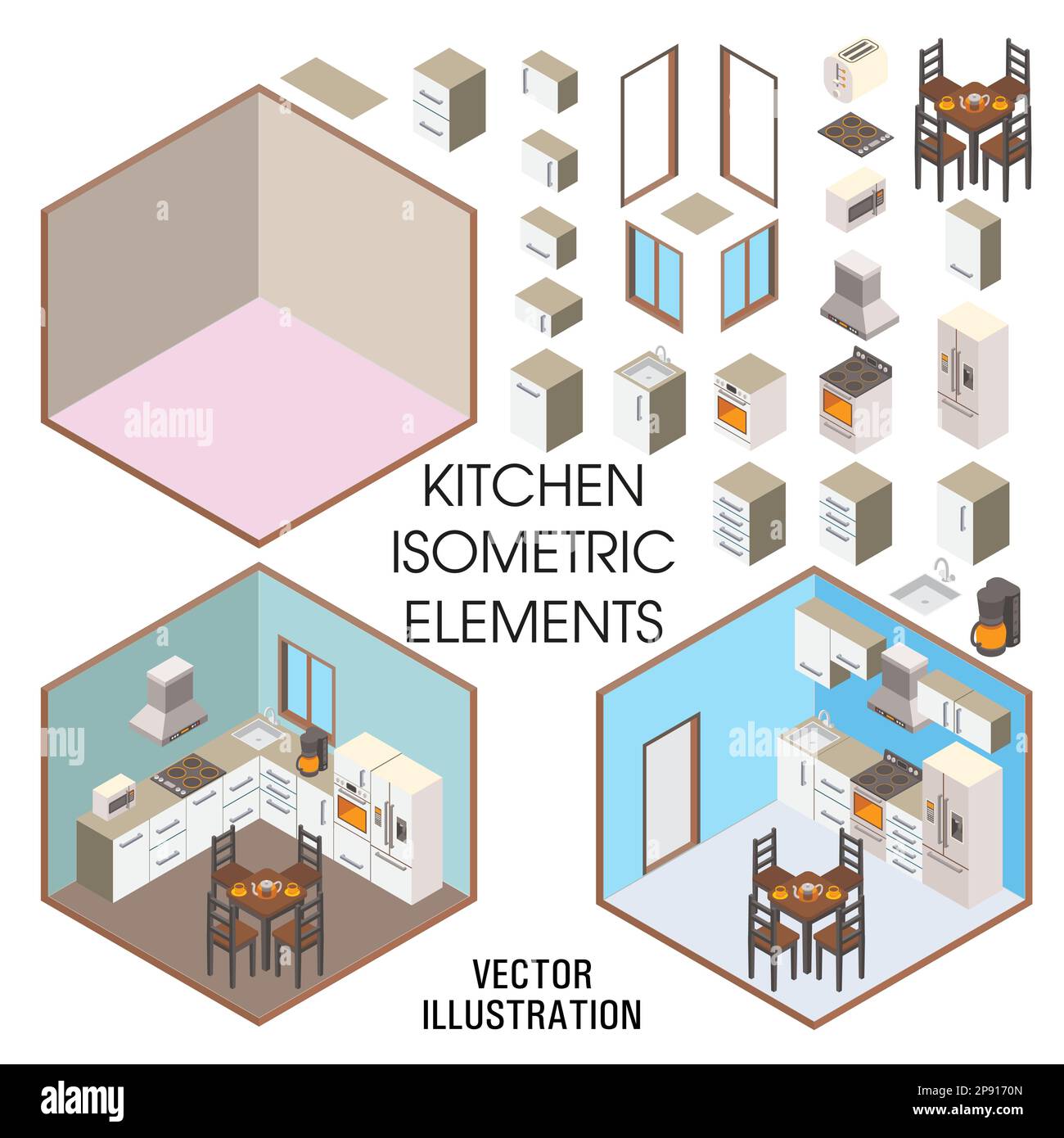 Kitchen interior constructor, vector flat isometric illustration Stock Vector