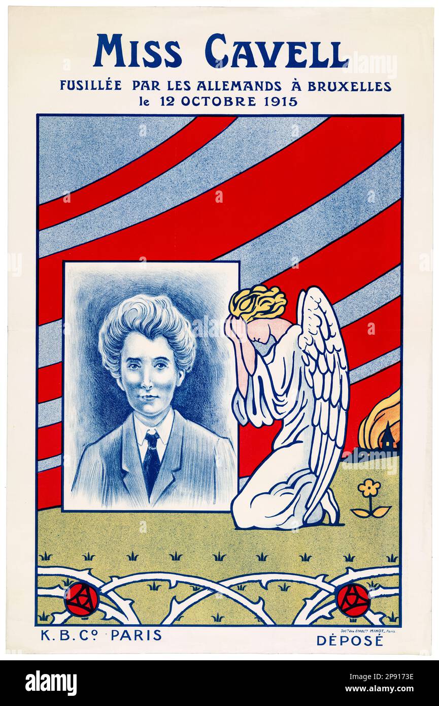 Miss (Edith) Cavell executed by the Germans in Brussels, October 12th 1915, French World War One Poster, 1915 Stock Photo