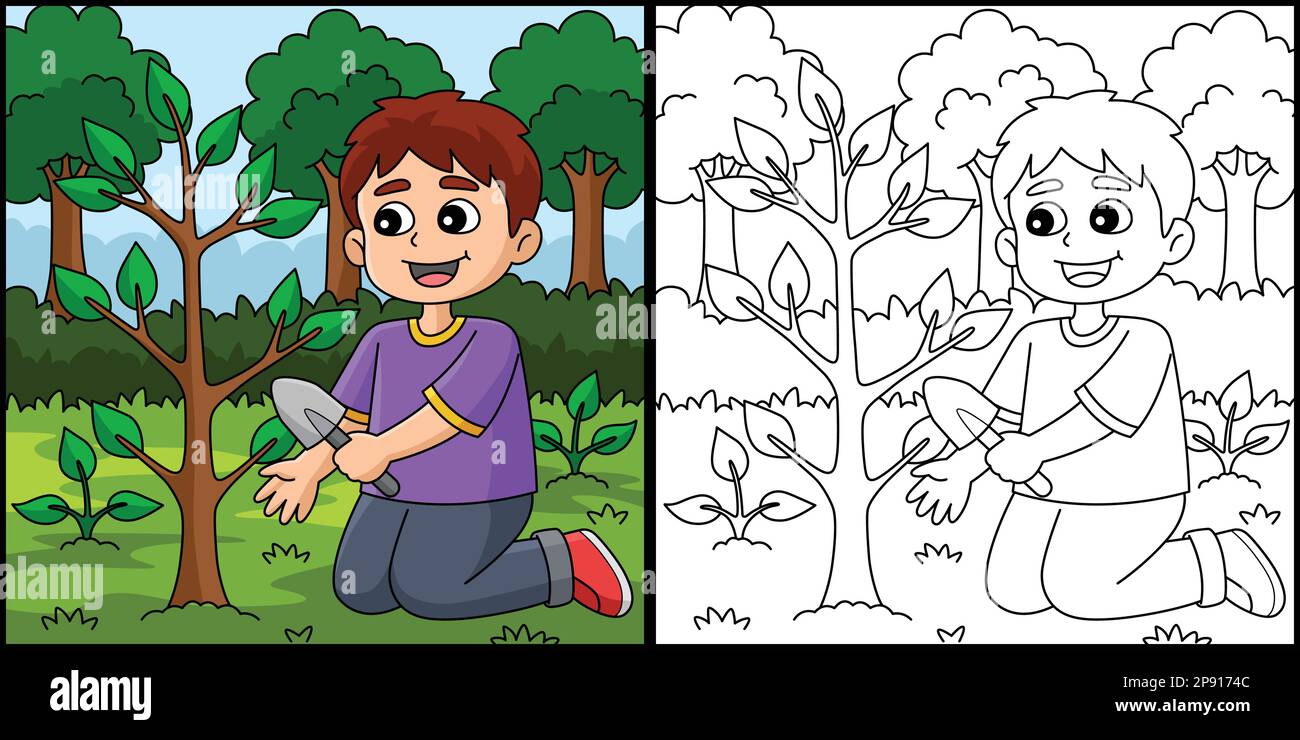 Boy Planting Trees Coloring Page Illustration Stock Vector Image & Art ...