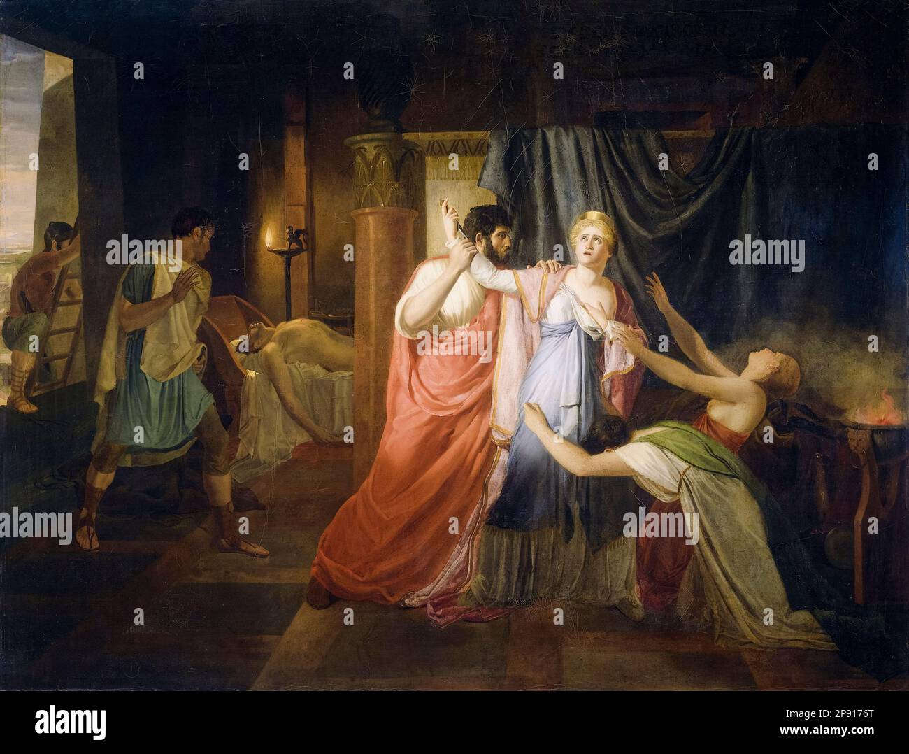 Proculeius preventing Cleopatra from stabbing herself, painting in oil on canvas by Joannes Echarius Carolus Alberti, 1810 Stock Photo