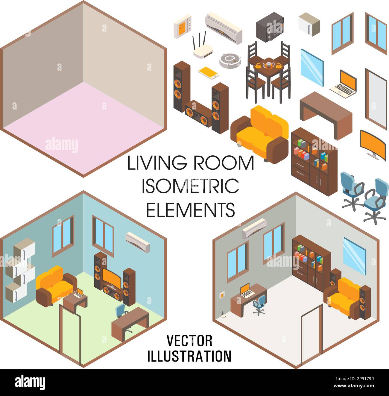 Living room interior constructor, vector flat isometric illustration ...