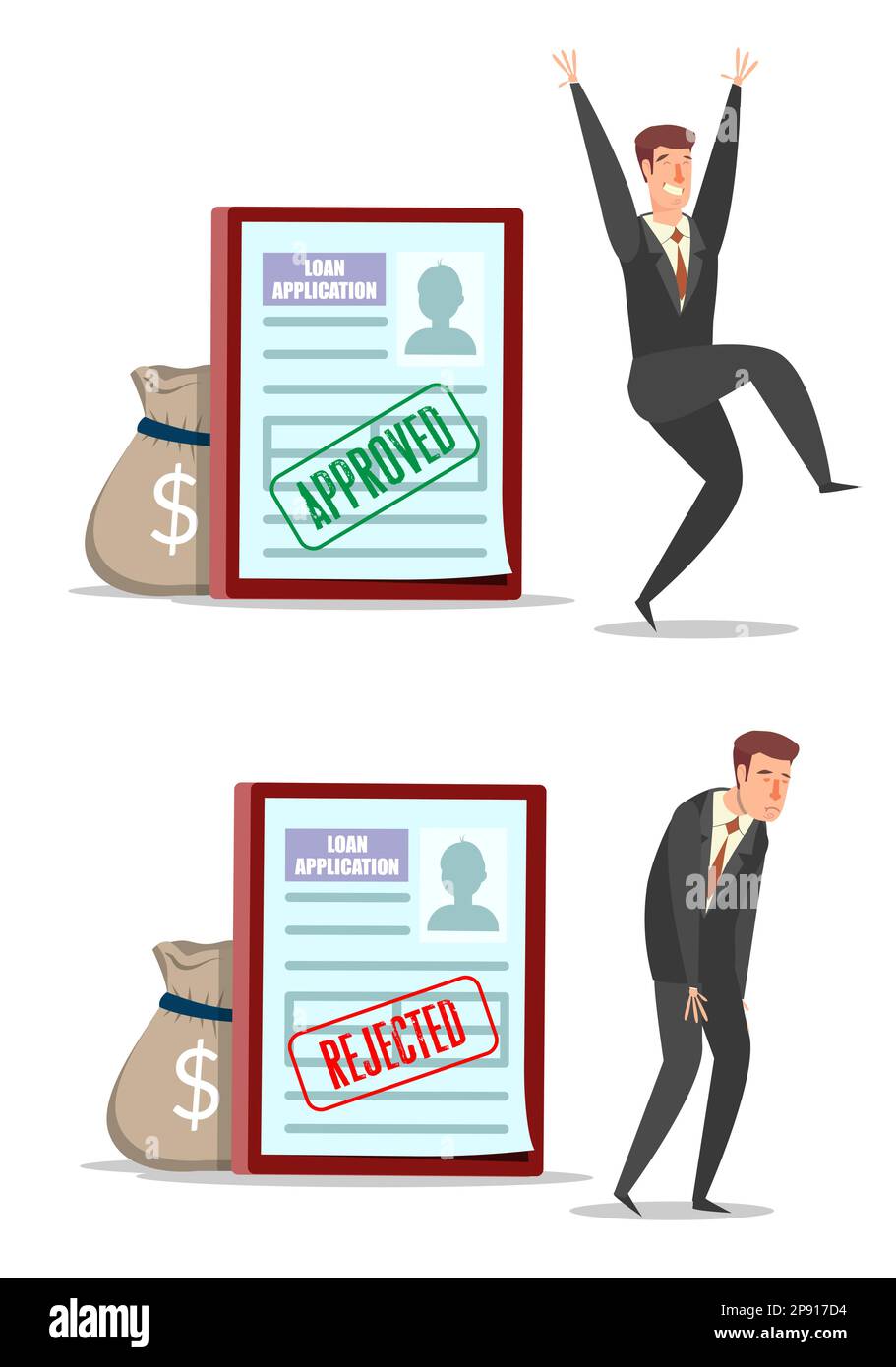 Approved and rejected loan application forms with characters, vector flat illustration Stock Vector