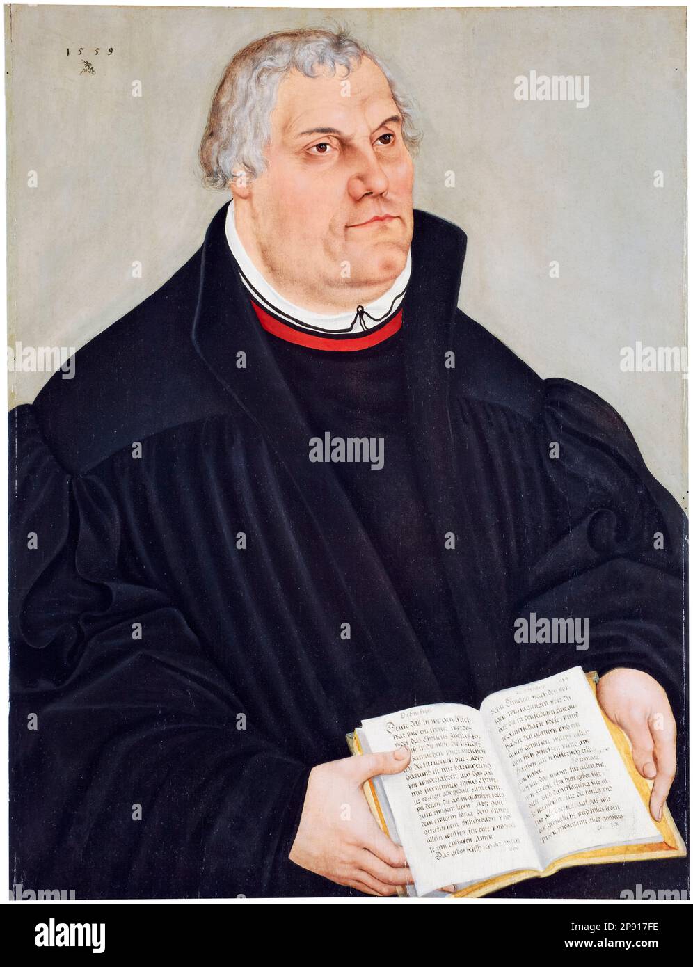 Martin Luther (1483-1546), portrait painting in oil on panel of the German priest and seminal figure in the Protestant Reformation, by Lucas Cranach the Younger, 1559 Stock Photo
