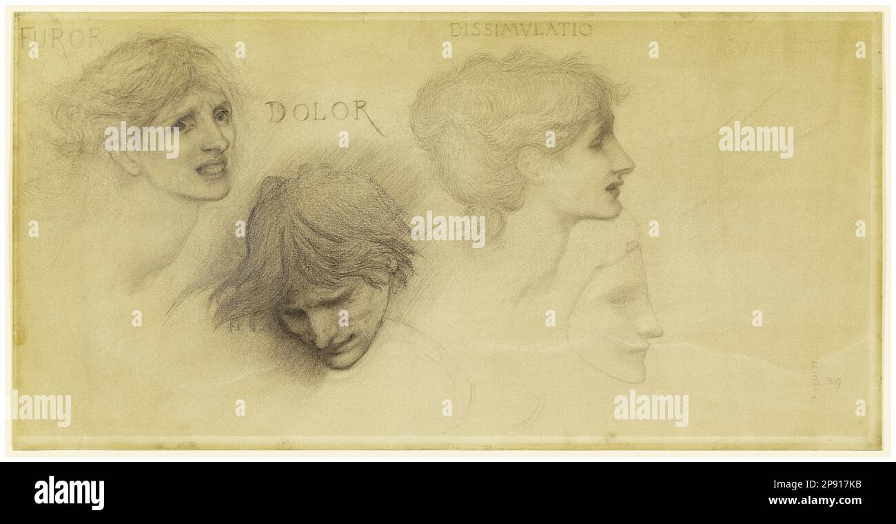 Edward Burne Jones, Sketches of facial expressions, Madness, Pain, Concealment, Suspicion, pencil drawing on cardboard, 1905 Stock Photo