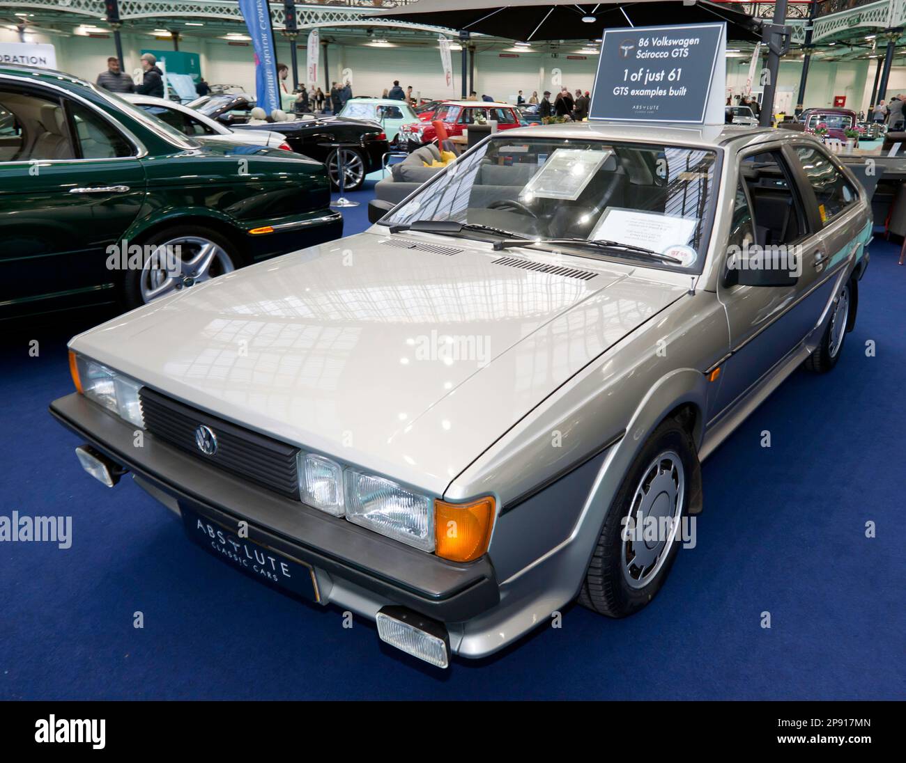 Three-quarter Front view of a 1986 Volkswagen Scirocco 1.8 GTS, on display at the Absolute Classics Stand, during  the 2023 London Classic Car Show Stock Photo