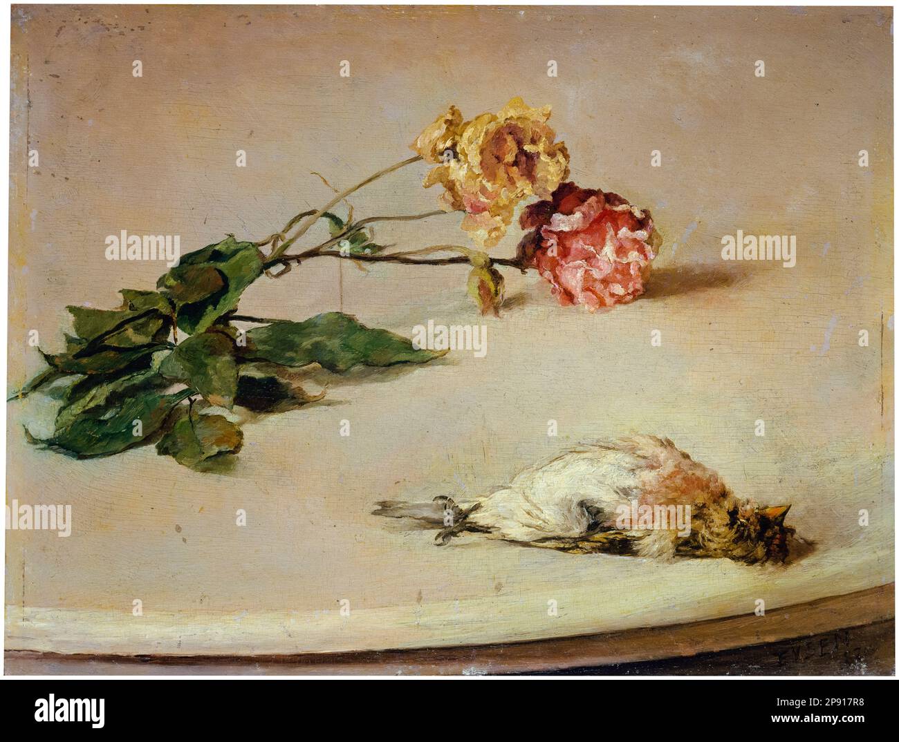 Louis Eysen, Dead Bird and Two Roses on a Tabletop, still life painting in oil on wood, 1882 Stock Photo