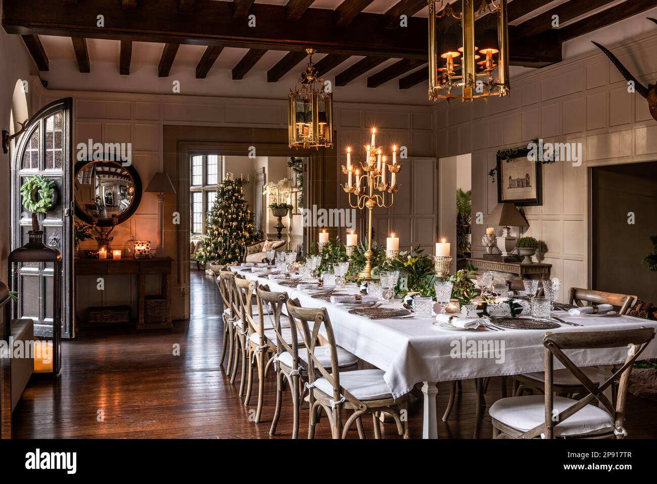 Dining table in Arts and Crafts style country house at Christmas, Kent