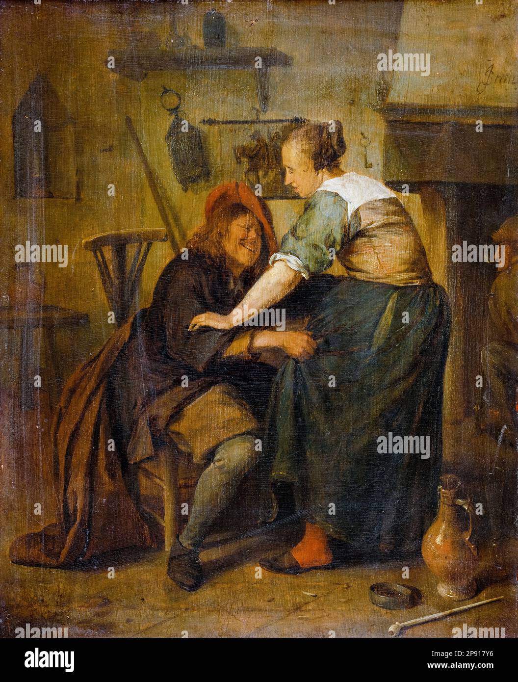 Jan Steen, Tavern with guest and barmaid, (The pushy Guest), painting in oil on panel, circa 1665 Stock Photo