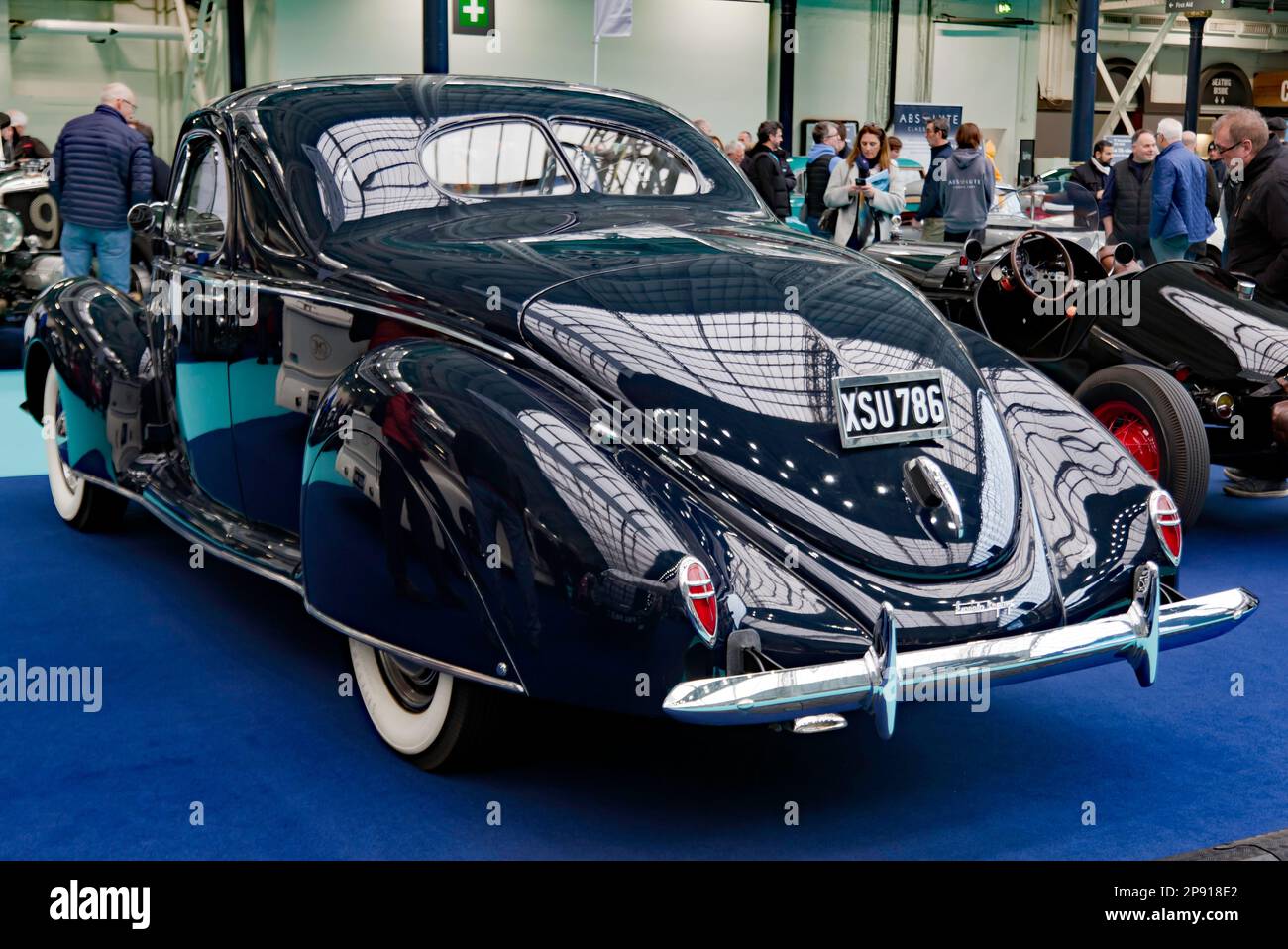 Three-Quarter Front  View of a 1939, Dark Blue,  Lincoln Zephyr 3 Window Coupé, on display at the 2023 London Classic Car Show Stock Photo
