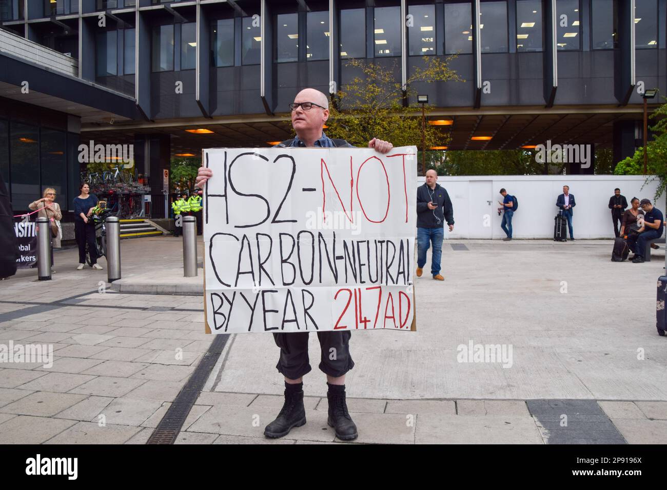 London, United Kingdom. 9th September 2021. Activists gathered at Euston Station in protest against the HS2 (High Speed 2) railway system, which, apart from spiralling costs, is said to be hugely damaging to wildlife and the environment. Stock Photo