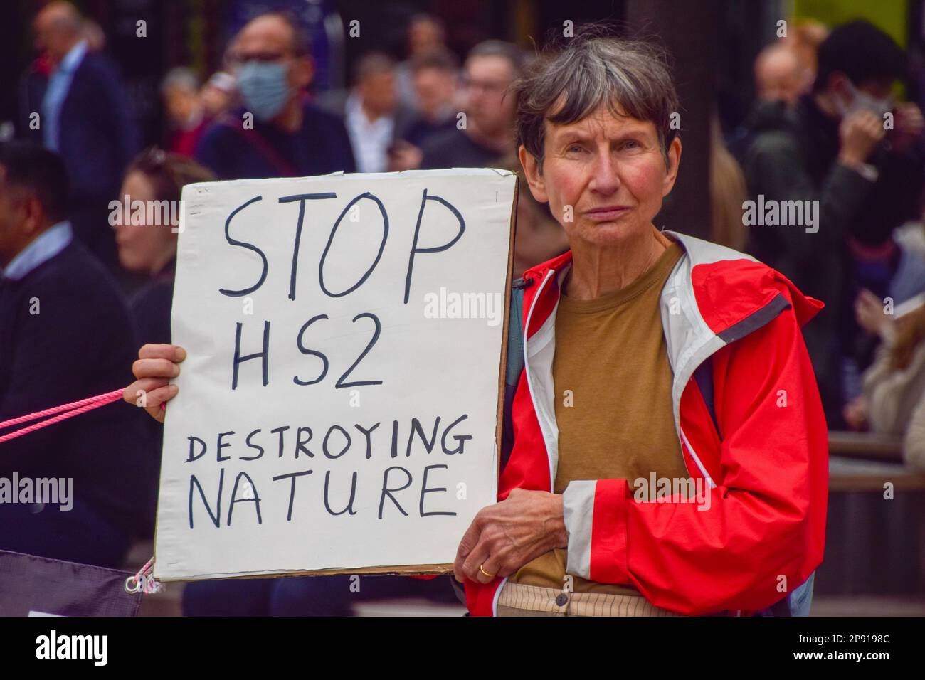 London, United Kingdom. 9th September 2021. Activists gathered at Euston Station in protest against the HS2 (High Speed 2) railway system, which, apart from spiralling costs, is said to be hugely damaging to wildlife and the environment. Stock Photo