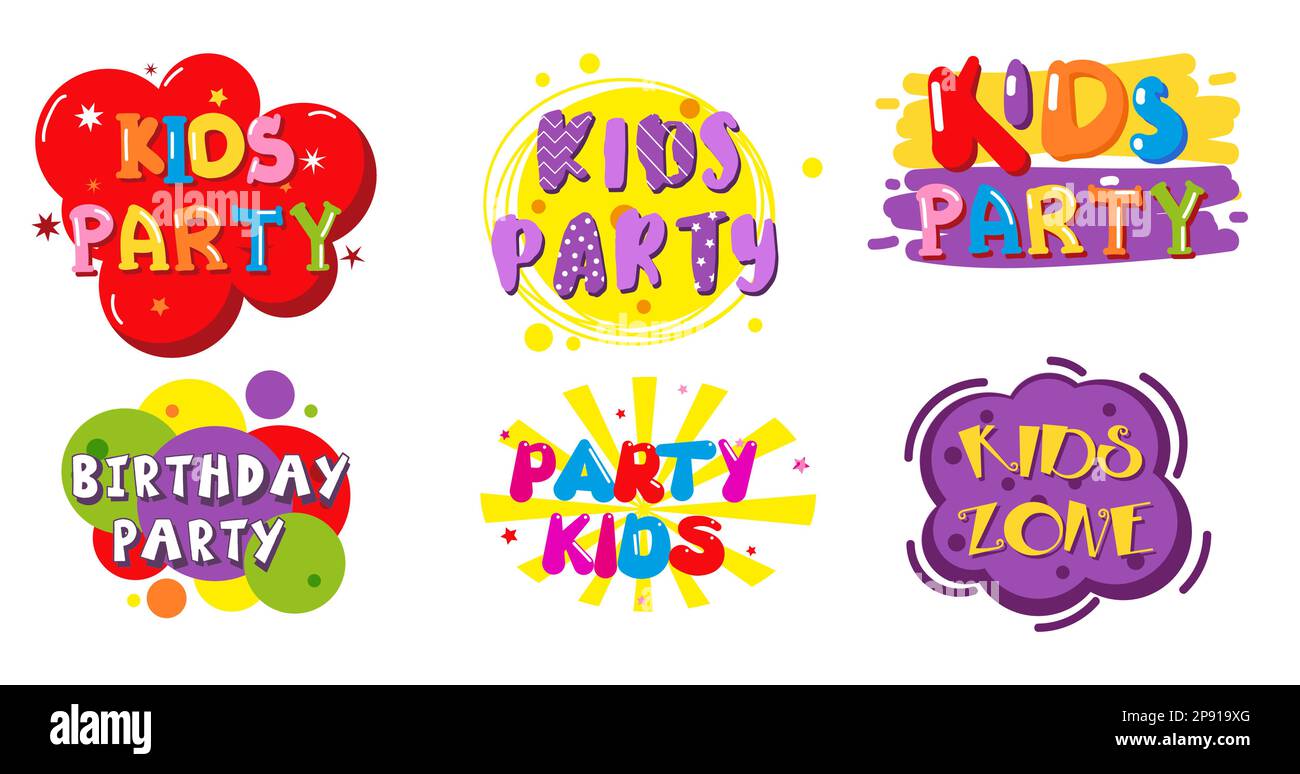 Birthday party kids zone label banner set, vector isolated illustration