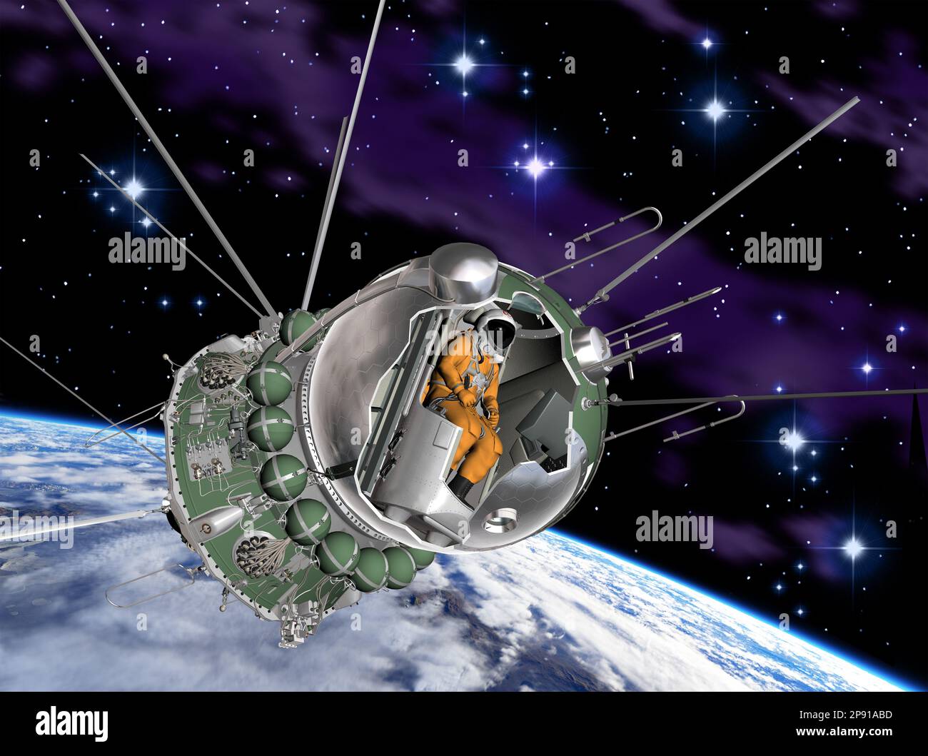 Spaceship cutaway Vostok1 at the Earth orbit. 3d rendering background. 3D illustration Stock Photo