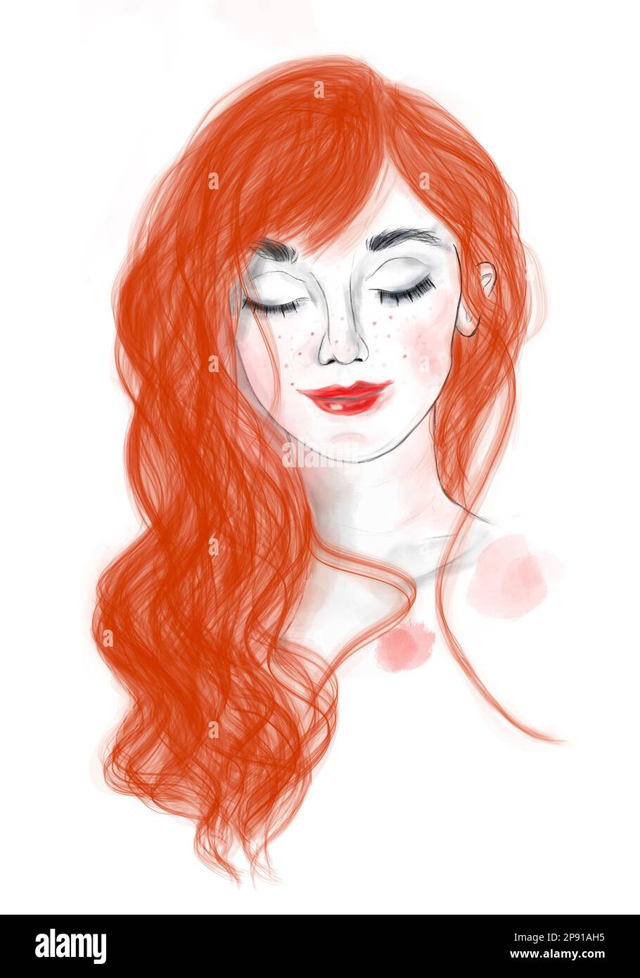 Pretty digital illustration of a red haired girl with fire hair. The girl is dreaming and smiling about something with closed eyes. She is beautiful. Stock Photo