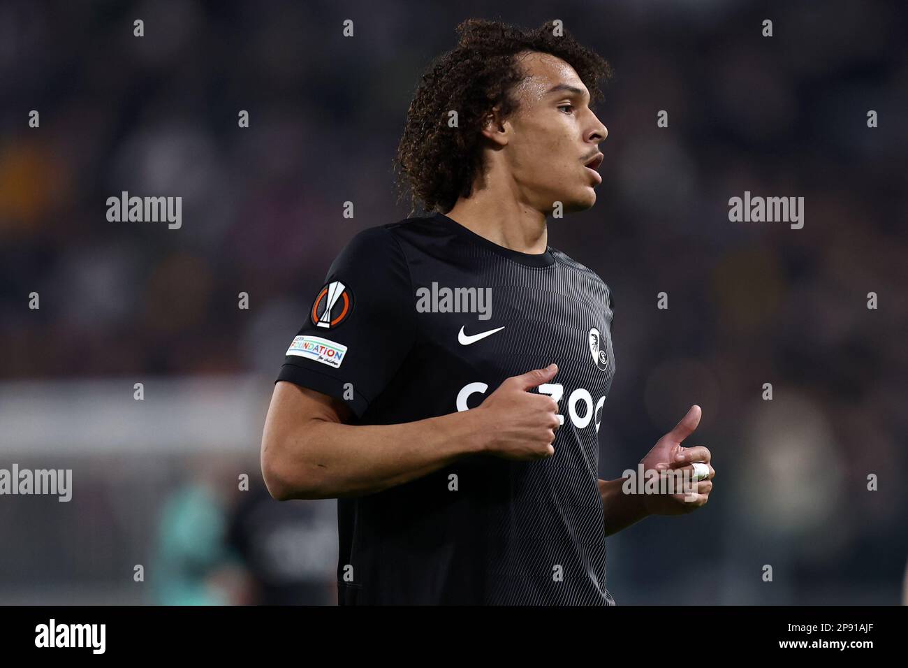 Kiliann Sildillia of Sc Freiburg looks on during the Uefa Europa League round of 16 first leg match beetween Juventus Fc and Sc Freiburg at Allianz Stadium on March 9 2023 in Turin, Italy . Stock Photo