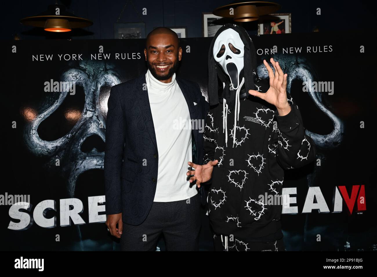 London, UK. 9th March 2023. Chef Andre and JD The Kid wearing the Scream VI attends The reality Lifestyle, Influencer comes together at the All Star Lanes - White City bowling, drinks & canapes for Paramount Pictures brings the screening of Scream VILi/Picture Capital/Alamy Live NewsCredit:See Li/Picture Capital/Alamy Live NewsCredit:See Li/Picture Capital/Alamy Live News Stock Photo