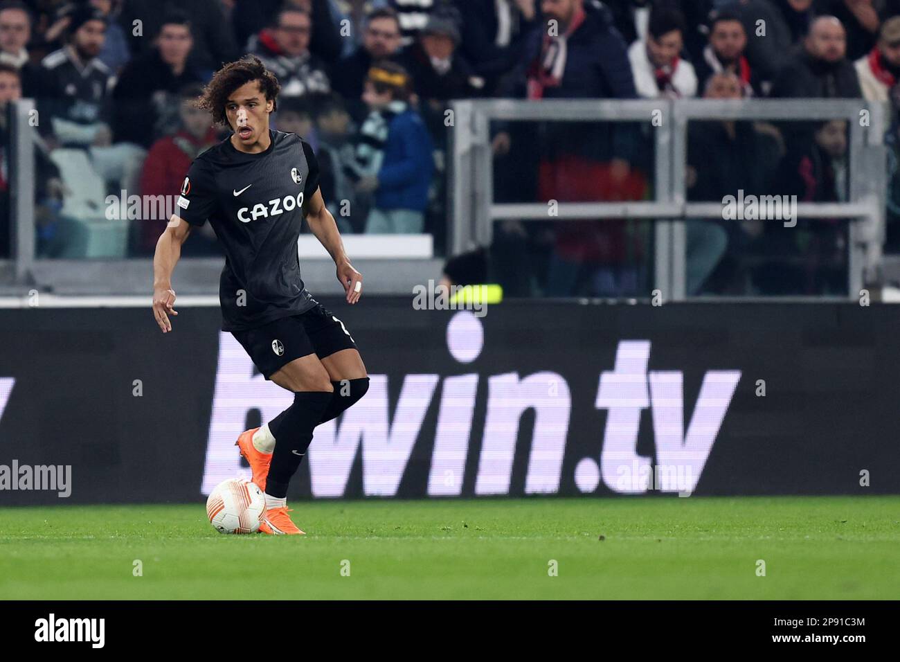 Kiliann Sildillia of Sc Freiburg controls the ball during the Uefa Europa League round of 16 first leg match beetween Juventus Fc and Sc Freiburg at Allianz Stadium on March 9 2023 in Turin, Italy . Stock Photo