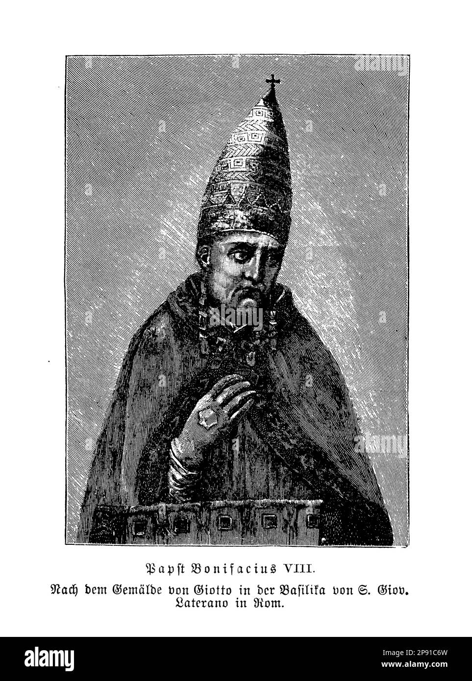Pope Bonifacius VIII was a medieval pontiff who wielded immense power, challenging the authority of secular rulers and promoting the supremacy of the papacy. He famously issued the Unam Sanctam, asserting the pope's temporal and spiritual authority over all Christendom Stock Photo