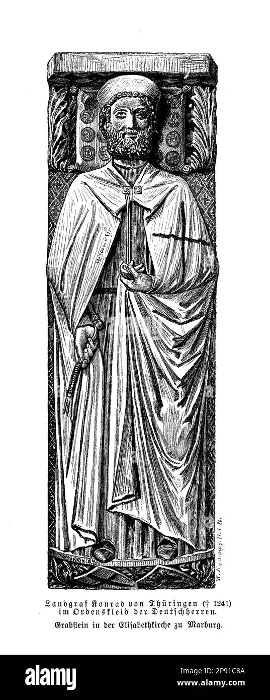 The engraving of the grave of Conrad of Thuringia depicts the elaborate tomb of the German nobleman who died in 1240. The tomb is a masterpiece of medieval art, featuring intricate carvings and statuary, and is a testament to the wealth and power of the ruling class in the Middle Ages. The image is a valuable historical artifact that provides insight into the artistic and cultural achievements of medieval Europe Stock Photo
