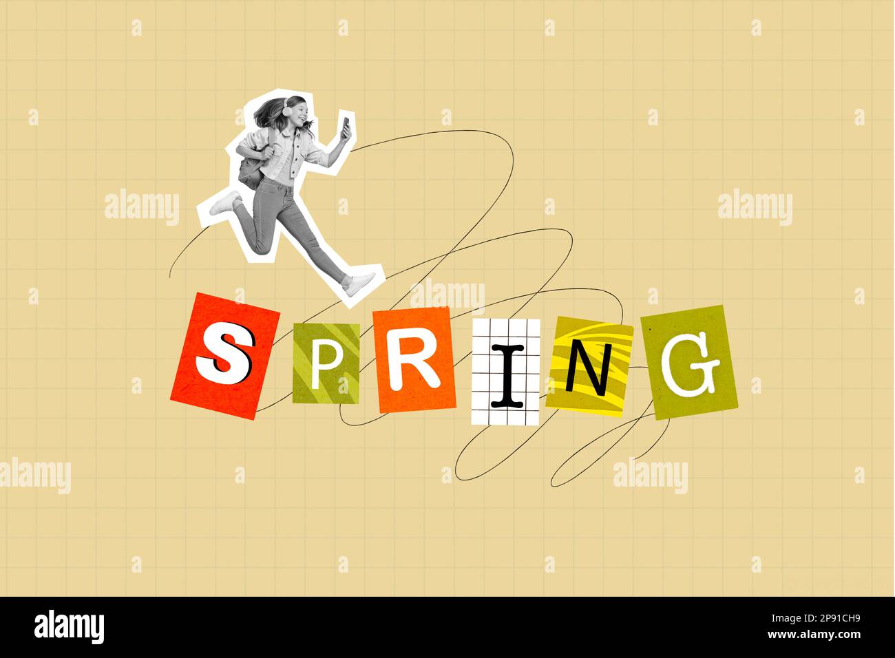 Artwork collage picture with big spring word on checkered notepad background small pupil girl silhouette jumping above browsing smartphone Stock Photo