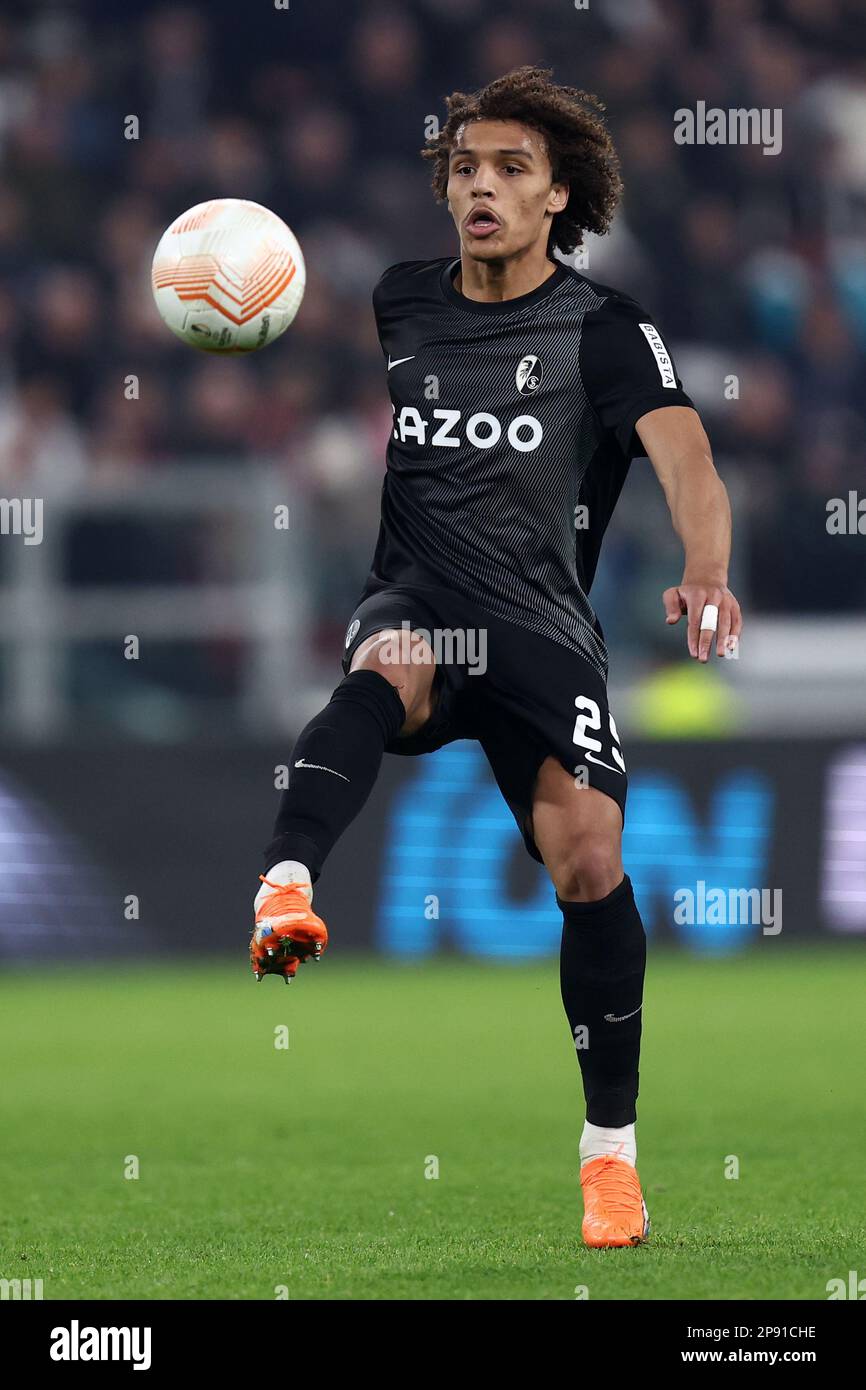 Kiliann Sildillia of Sc Freiburg controls the ball during the Uefa Europa League round of 16 first leg match beetween Juventus Fc and Sc Freiburg at Allianz Stadium on March 9 2023 in Turin, Italy . Stock Photo