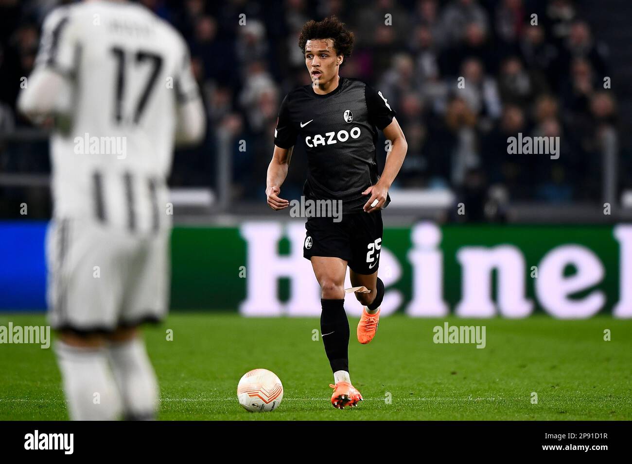 Turin, Italy. 09 March 2023. Kiliann Sildillia of SC Freiburg in action during the UEFA Europa League round of 16 football match between Juventus FC and SC Freiburg. Credit: Nicolò Campo/Alamy Live News Stock Photo