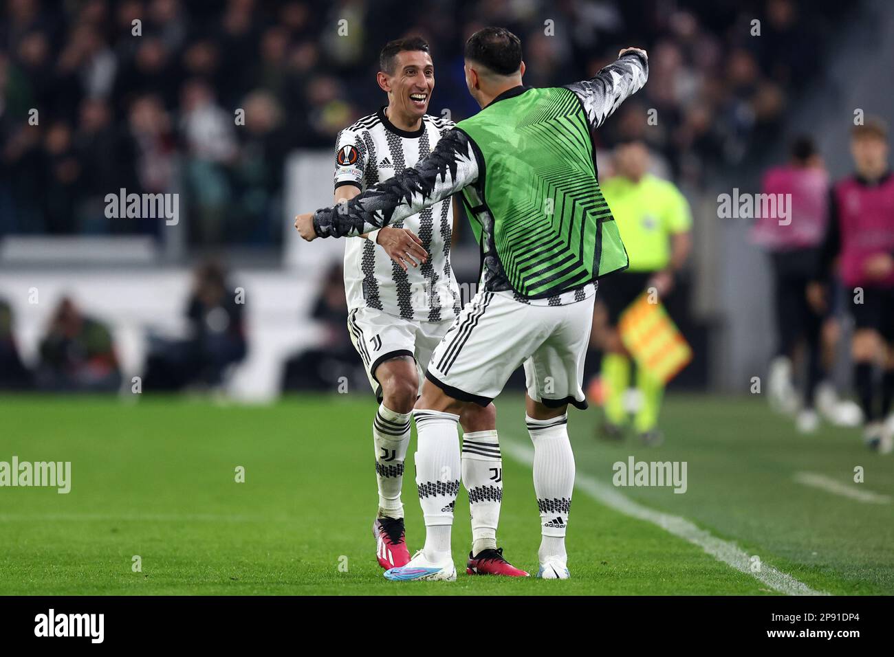 Angel Di Maria of Juventus Fc (L)  celebrates after scoring a goal with his team mate Leando Paredes of Juventus Fc (R) during the UEFA Europa League round of 16 first leg match beetween Juventus Fc and Sc Freiburg at Allianz Stadium on March 9 2023 in Turin, Italy . Stock Photo