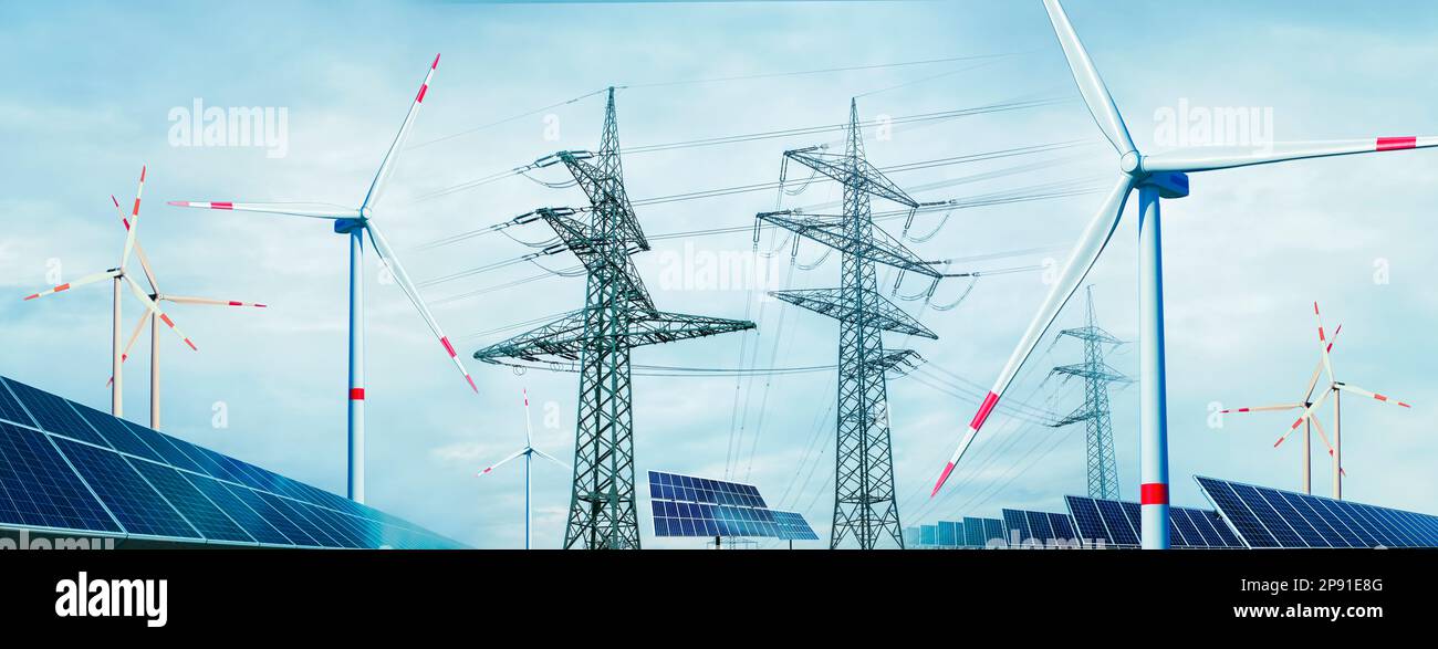 Electricity through renewable energies with wind power and solar energy Stock Photo