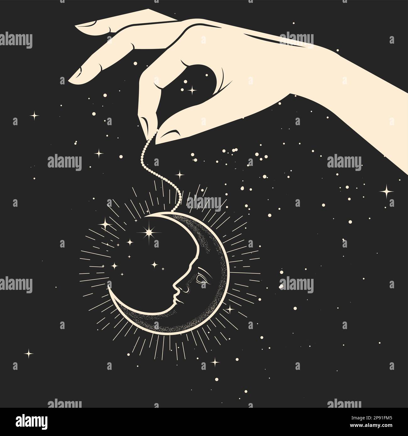 Hand with mystic pendant of moon face, pendulum with crescent , amulet of oneiromancy, witchcraft and divination, vector Stock Vector