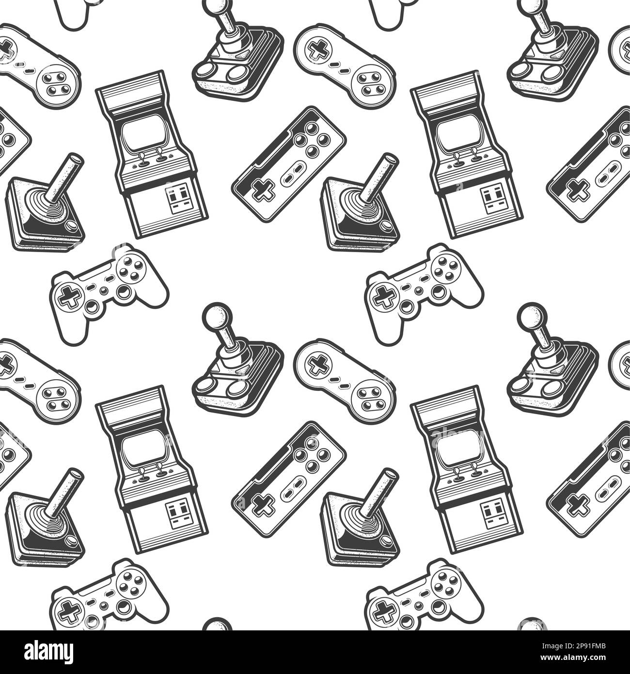 Seamless retro background with arcade game machine, old joysticks and game controllers, vintage gamepad, vector Stock Vector