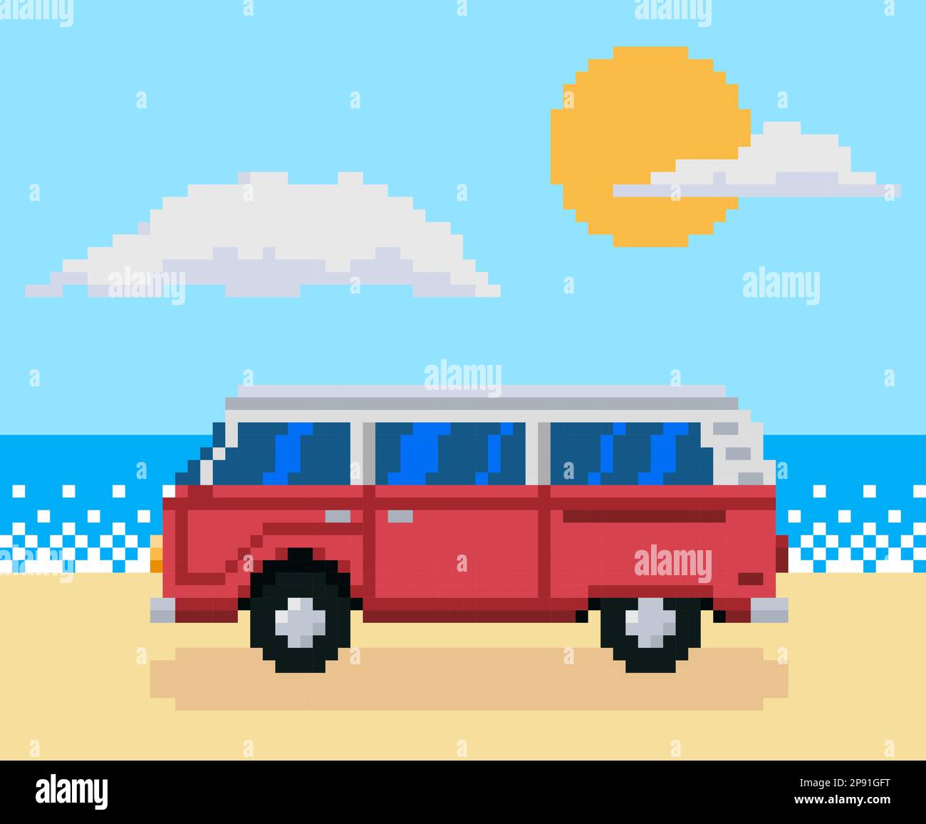 Retro bus on summer sea background. Pixel art 8 bit. Vector illustration Stock Vector
