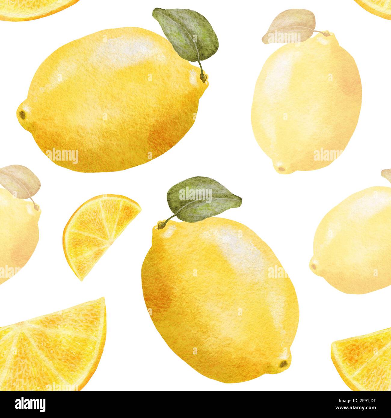 Watercolor lemon seamless pattern with slices of fruit. Tropical Fruit ...