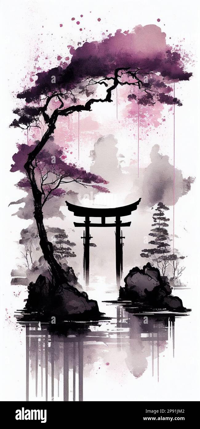 Asian style landscape drawing. AI generated illustration Stock Photo ...