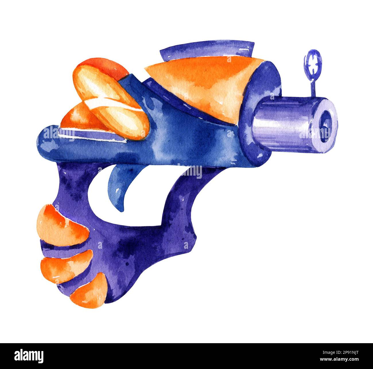 watercolour toy gun, hand draw illustration, fantastic weapon, space