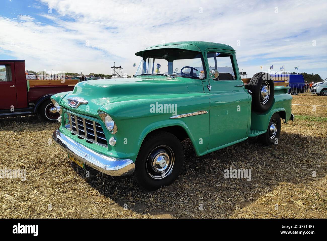 Pleyber-Christ, France - August, 28 2022: Green 1955 Chevrolet 3100 pick-up truck known as Task Force. Stock Photo