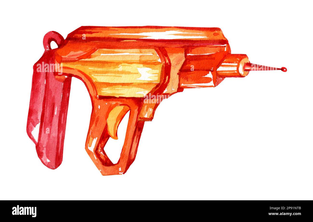 watercolour toy gun, hand draw illustration, fantastic weapon, space