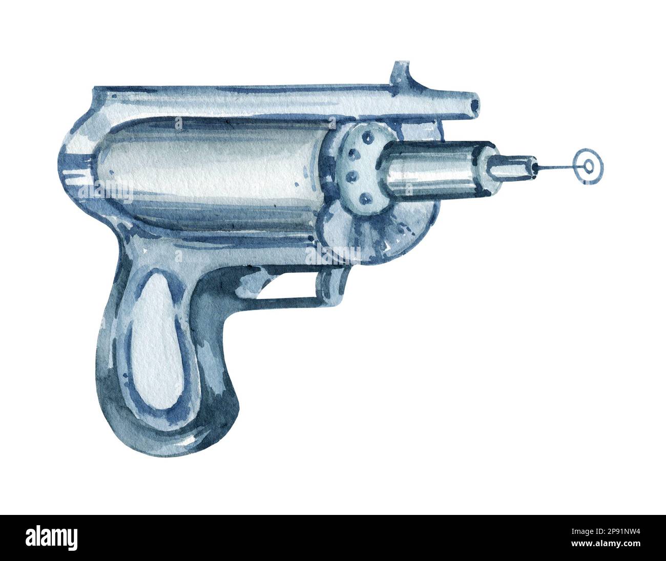 watercolour toy gun, hand draw illustration, fantastic weapon, space
