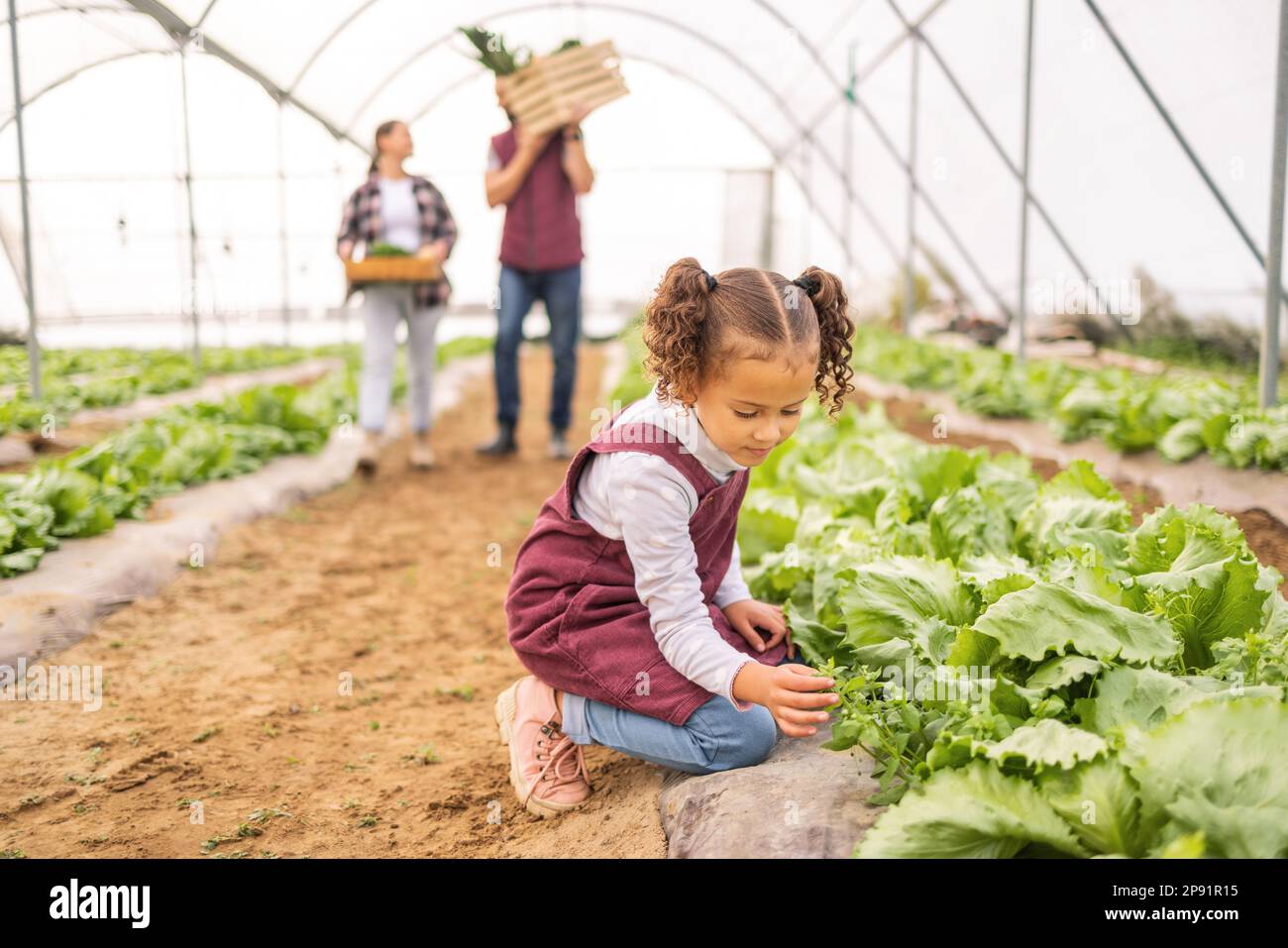 Child, garden and agriculture with little girl helping her farming
