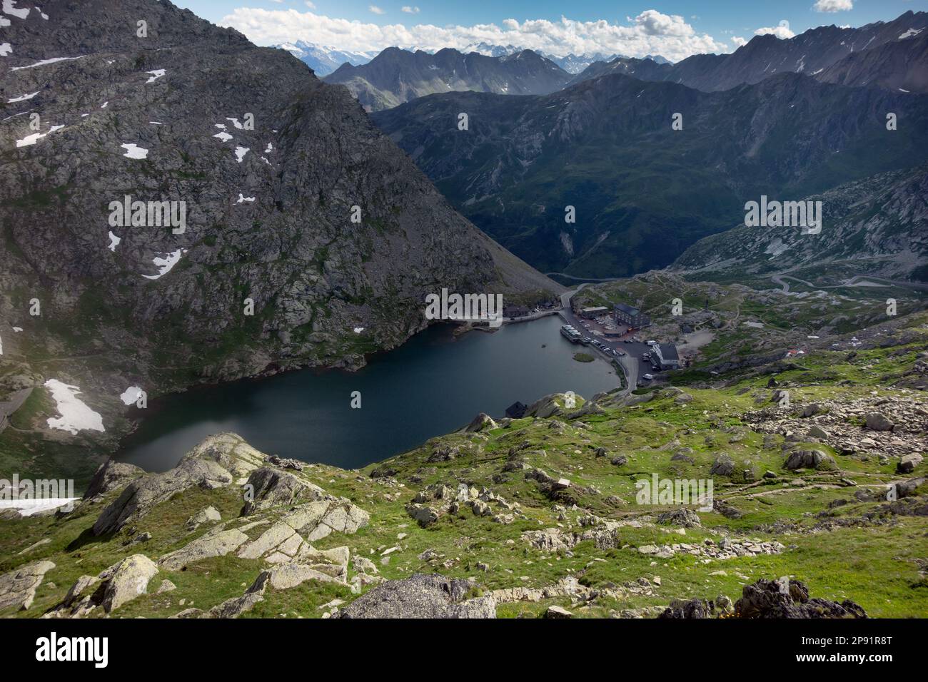 Panorama of the Gran San Bernardo lake on the Sain Bernard pass on the border of Switzerland and Italy. Stock Photo