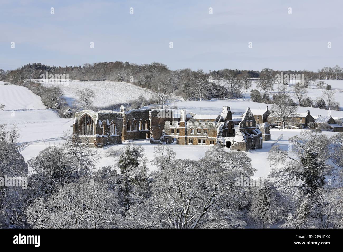 Egglestone Abbey, Barnard Castle, County Durham, UK. 10th March 2023. UK Weather. A beautiful snowy scene at the historic Egglestone Abbey as the weather began to clear and the sun came out in Barnard Castle today. Credit: David Forster/Alamy Live News Stock Photo