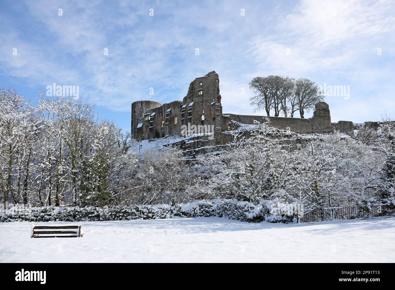 Barnard Castle, County Durham, UK. 10th March 2023. UK Weather. A beautiful snowy scene at the historic Egglestone Abbey as the weather began to clear and the sun came out in Barnard Castle today. Credit: David Forster/Alamy Live News Stock Photo
