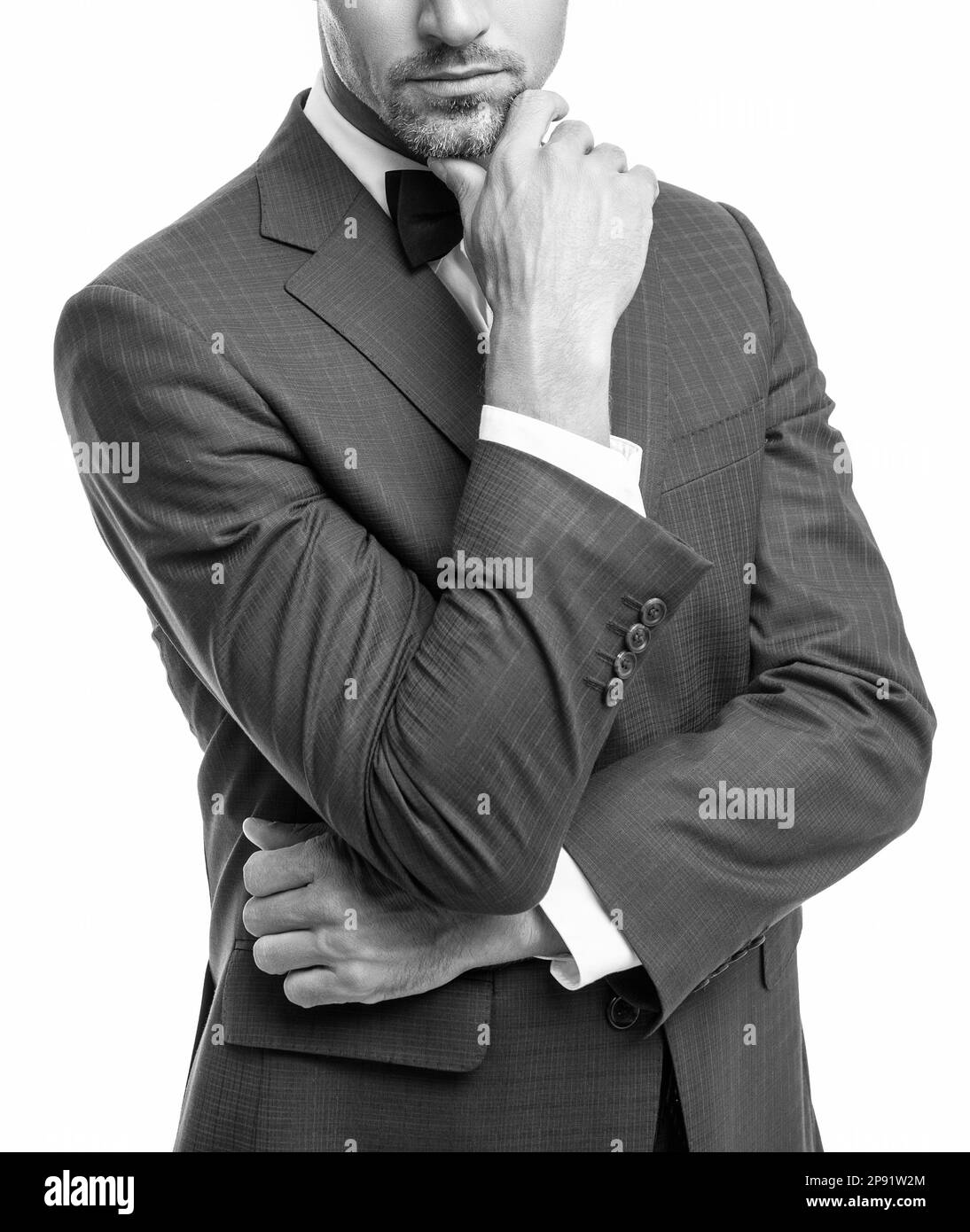 hoary businessman in blue tuxedo suit with neck bow isolated on white ...