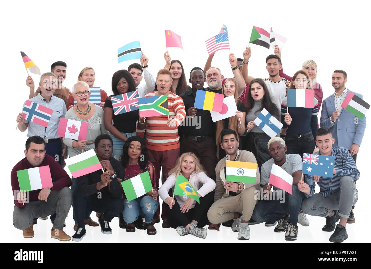 in full growth. funny diverse people with their national flags Stock Photo