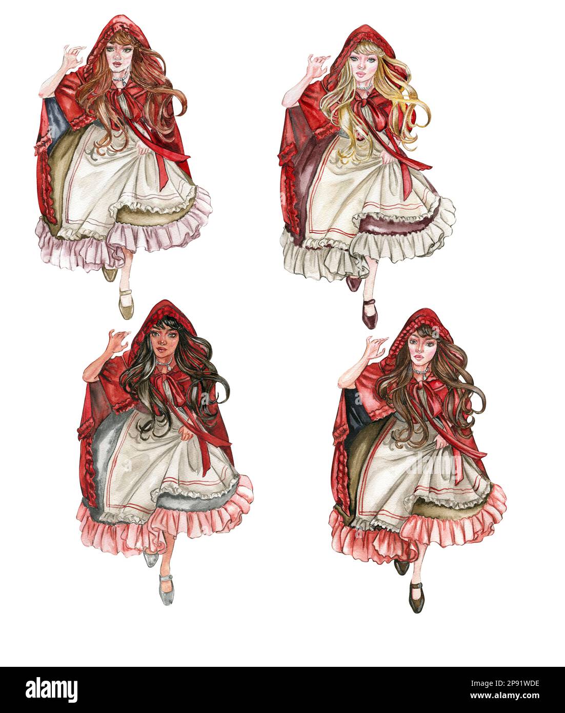 Watercolor hand drawn illustrations for the book about girl in Red Riding Hood with different skin color.Fairy tales for kids. Isolated on white Stock Photo