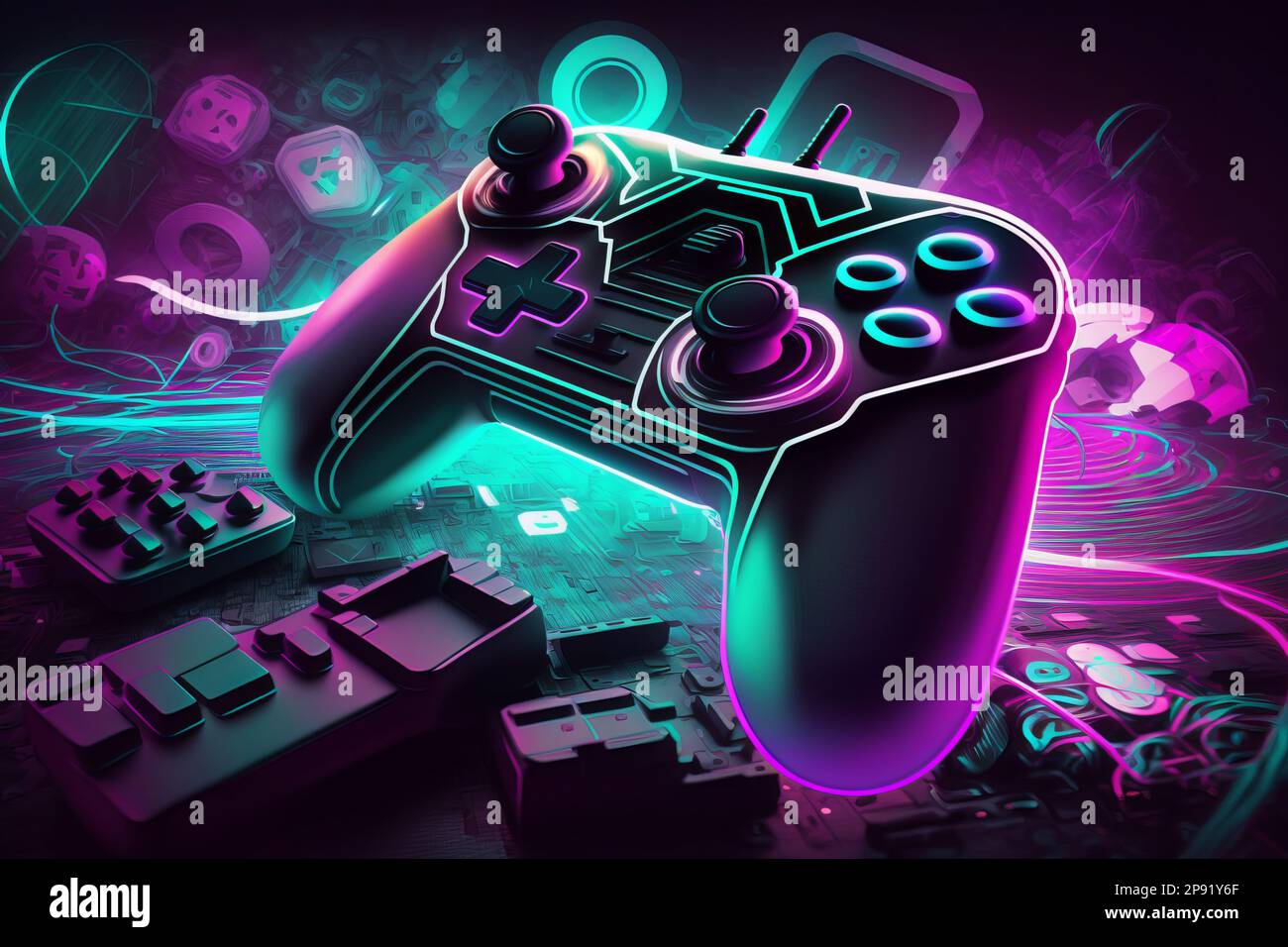 Video game controller, neon, gaming. Background Stock Photo - Alamy