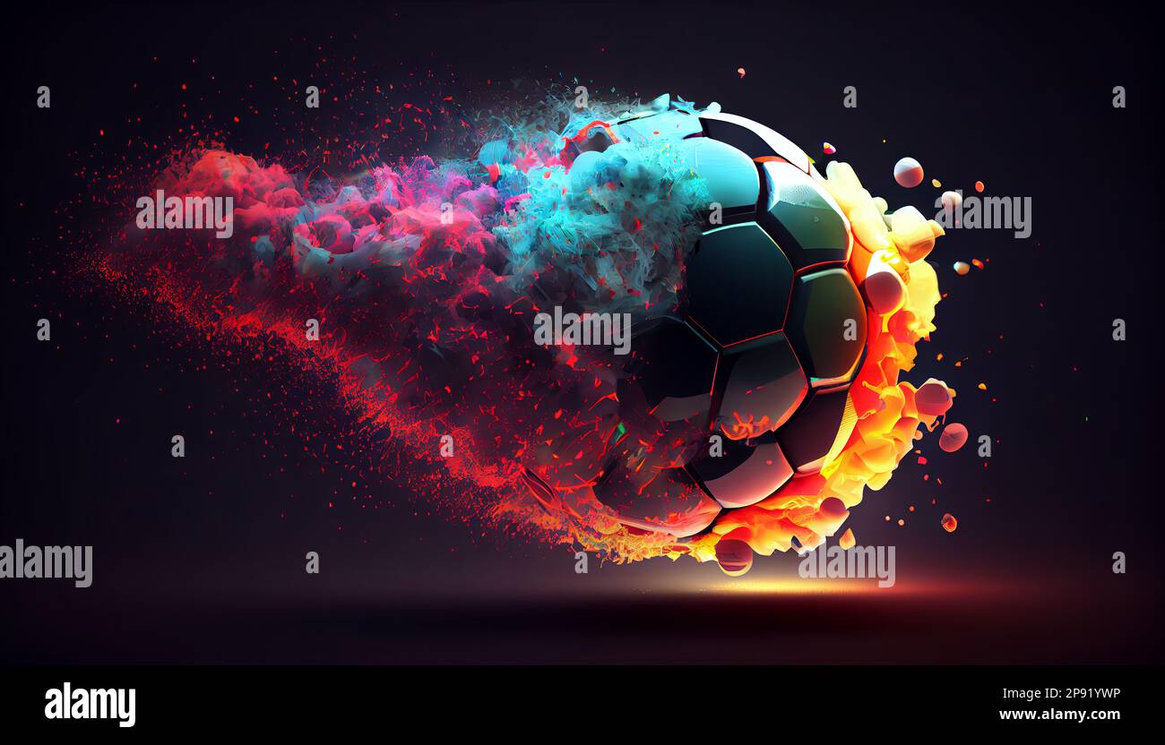 illustration of a soccer ball which explodes in rainbow colors against